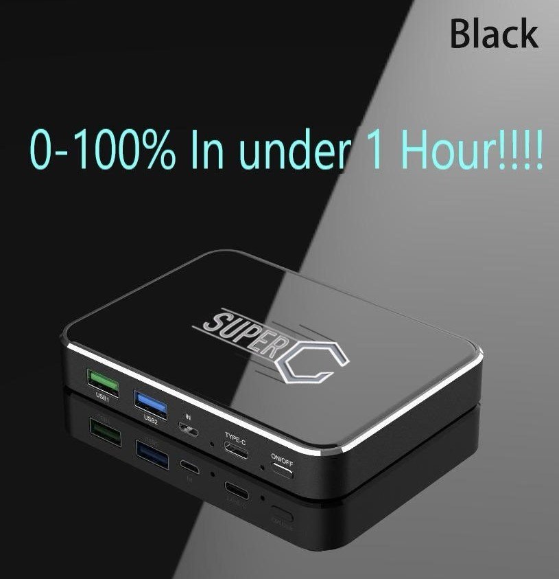 Black Super C power bank, 0-100% in under 1 hour